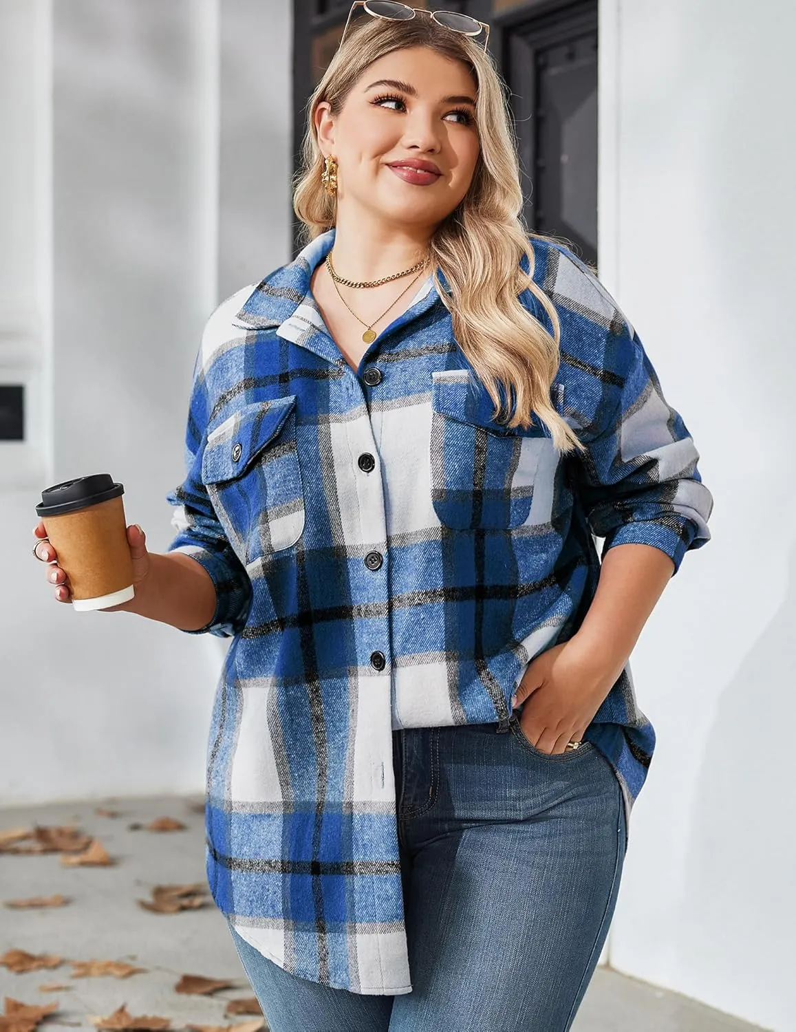 Zeagoo Women's Plus Size Flannel Plaid Shacket Button Down Color Block Shirts Tops Long Sleeve Casual Fall Jacket Coat