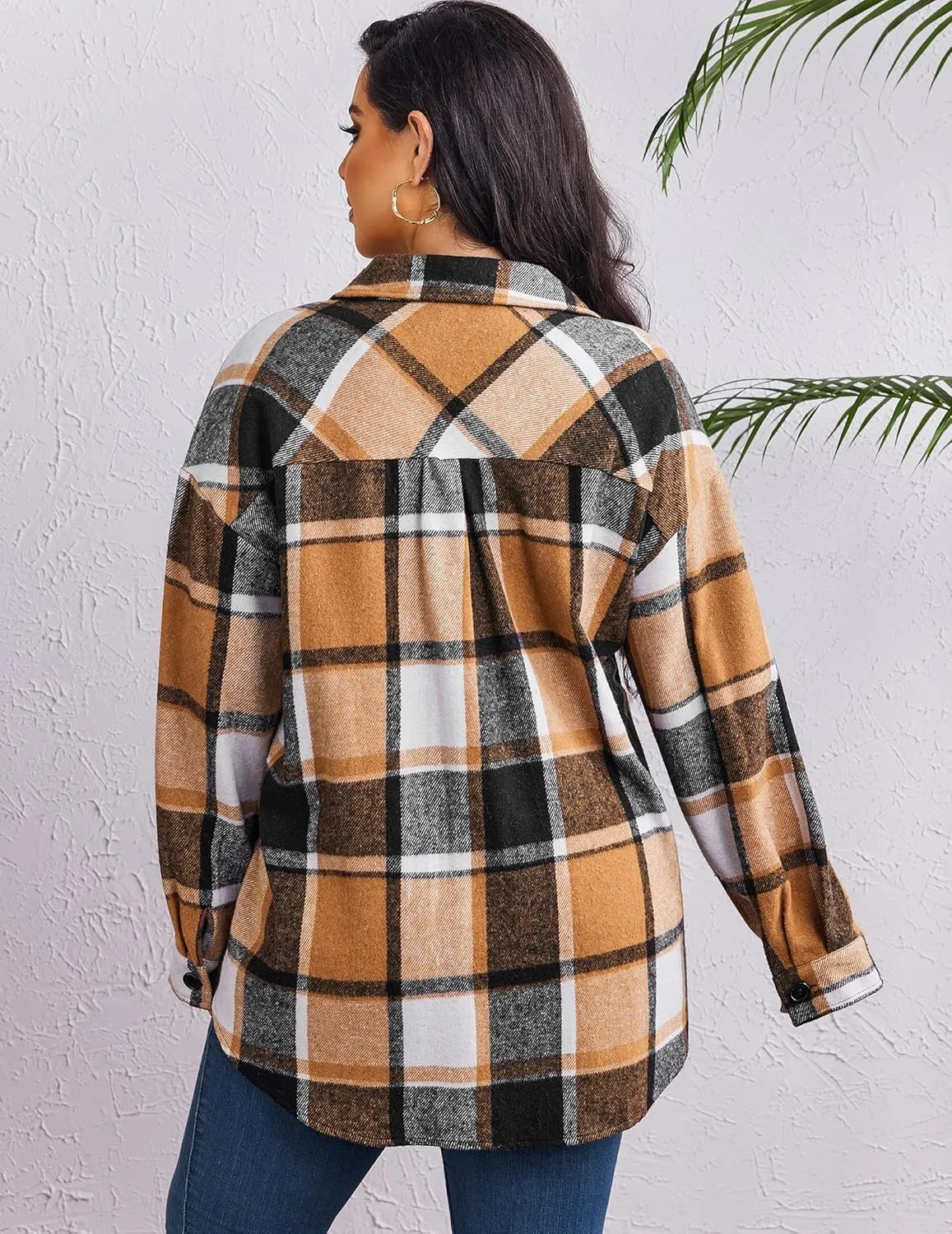 Zeagoo Women's Plus Size Flannel Plaid Shacket Button Down Color Block Shirts Tops Long Sleeve Casual Fall Jacket Coat