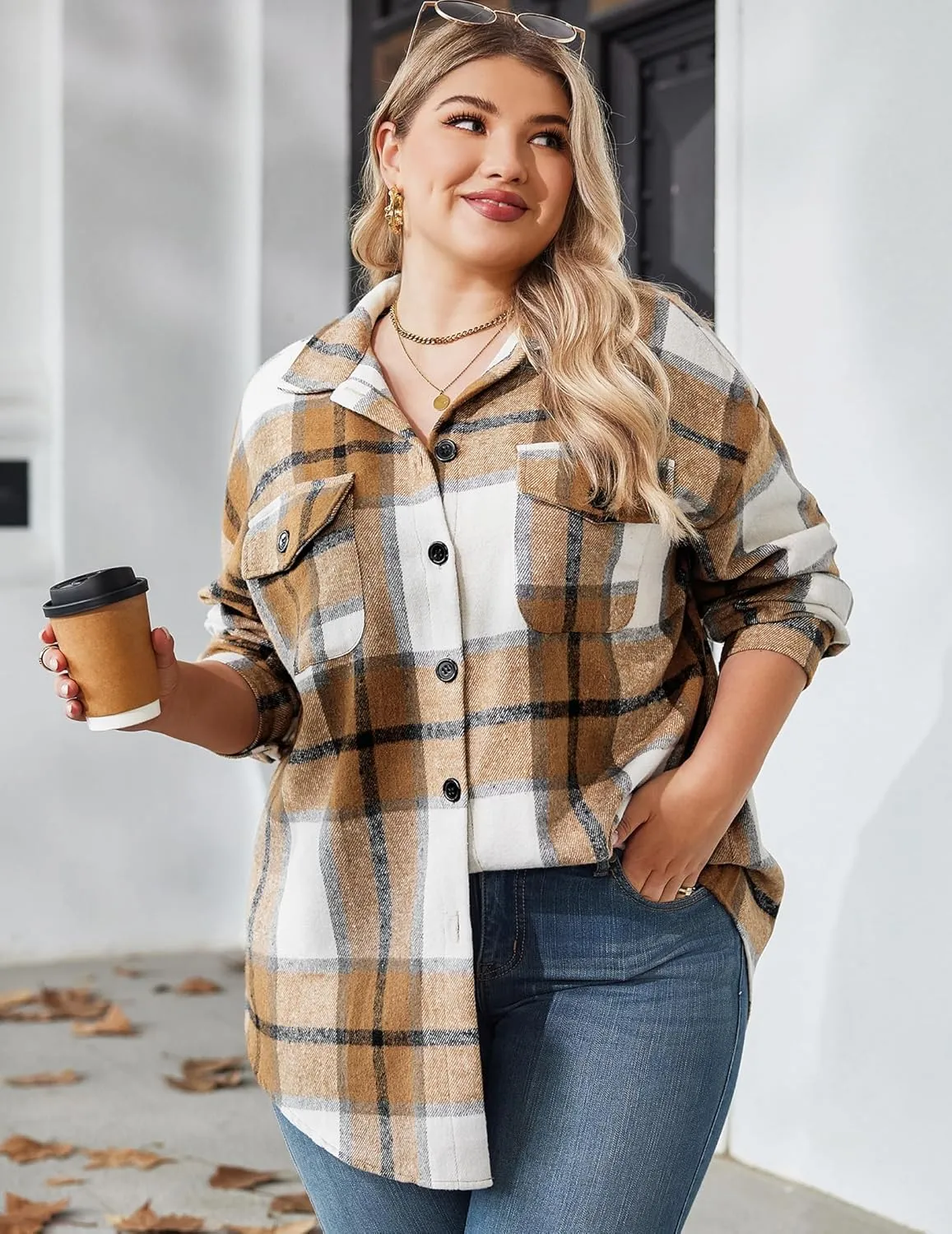 Zeagoo Women's Plus Size Flannel Plaid Shacket Button Down Color Block Shirts Tops Long Sleeve Casual Fall Jacket Coat