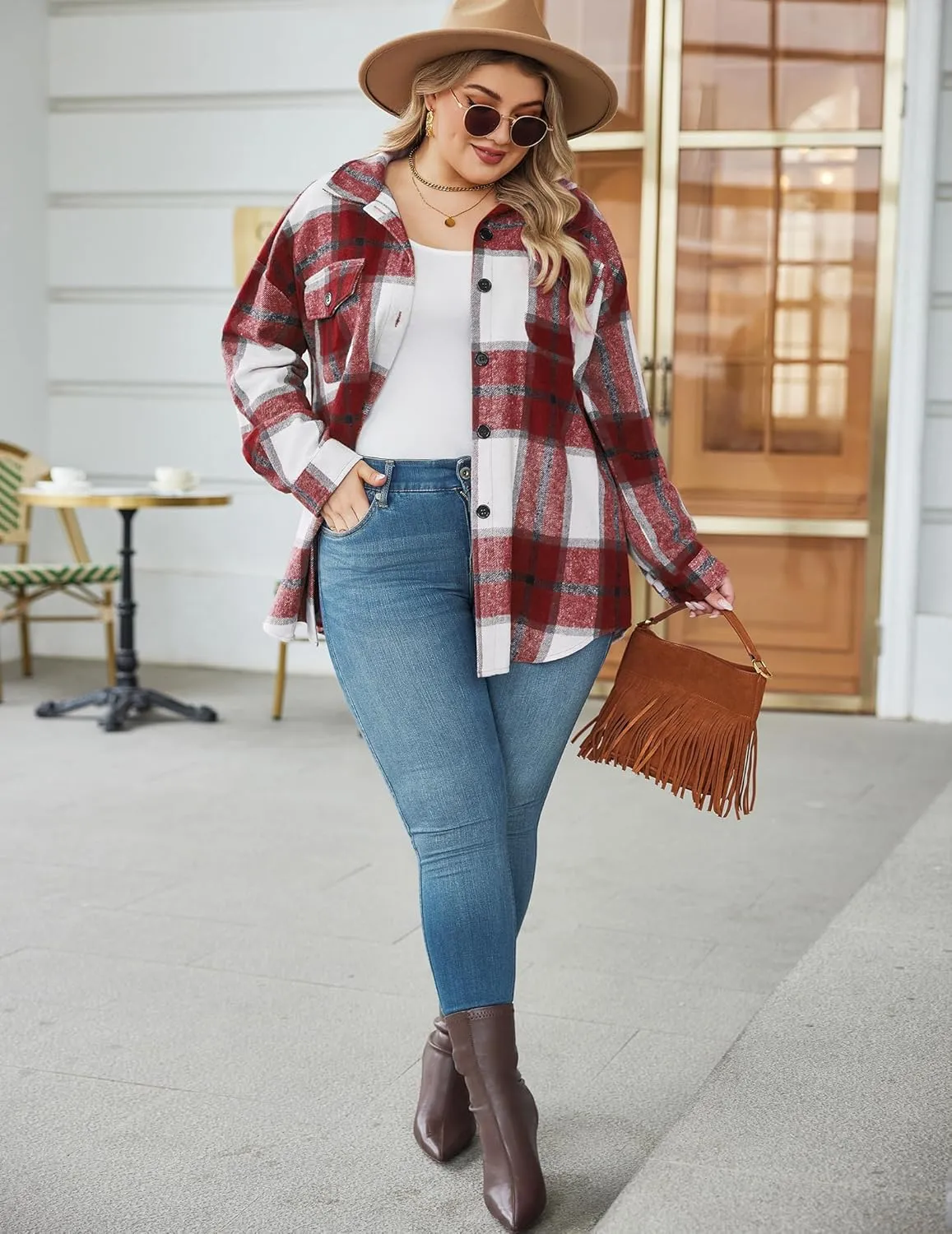 Zeagoo Women's Plus Size Flannel Plaid Shacket Button Down Color Block Shirts Tops Long Sleeve Casual Fall Jacket Coat