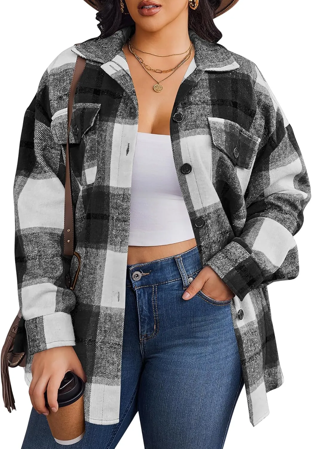 Zeagoo Women's Plus Size Flannel Plaid Shacket Button Down Color Block Shirts Tops Long Sleeve Casual Fall Jacket Coat