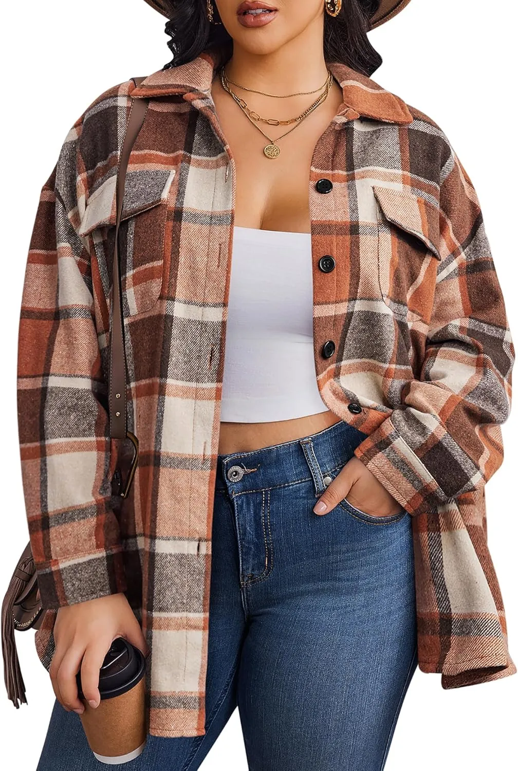 Zeagoo Women's Plus Size Flannel Plaid Shacket Button Down Color Block Shirts Tops Long Sleeve Casual Fall Jacket Coat