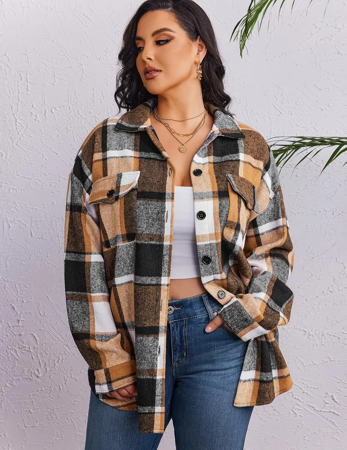 Zeagoo Women's Plus Size Flannel Plaid Shacket Button Down Color Block Shirts Tops Long Sleeve Casual Fall Jacket Coat