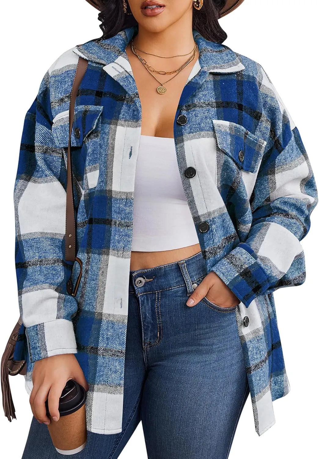 Zeagoo Women's Plus Size Flannel Plaid Shacket Button Down Color Block Shirts Tops Long Sleeve Casual Fall Jacket Coat