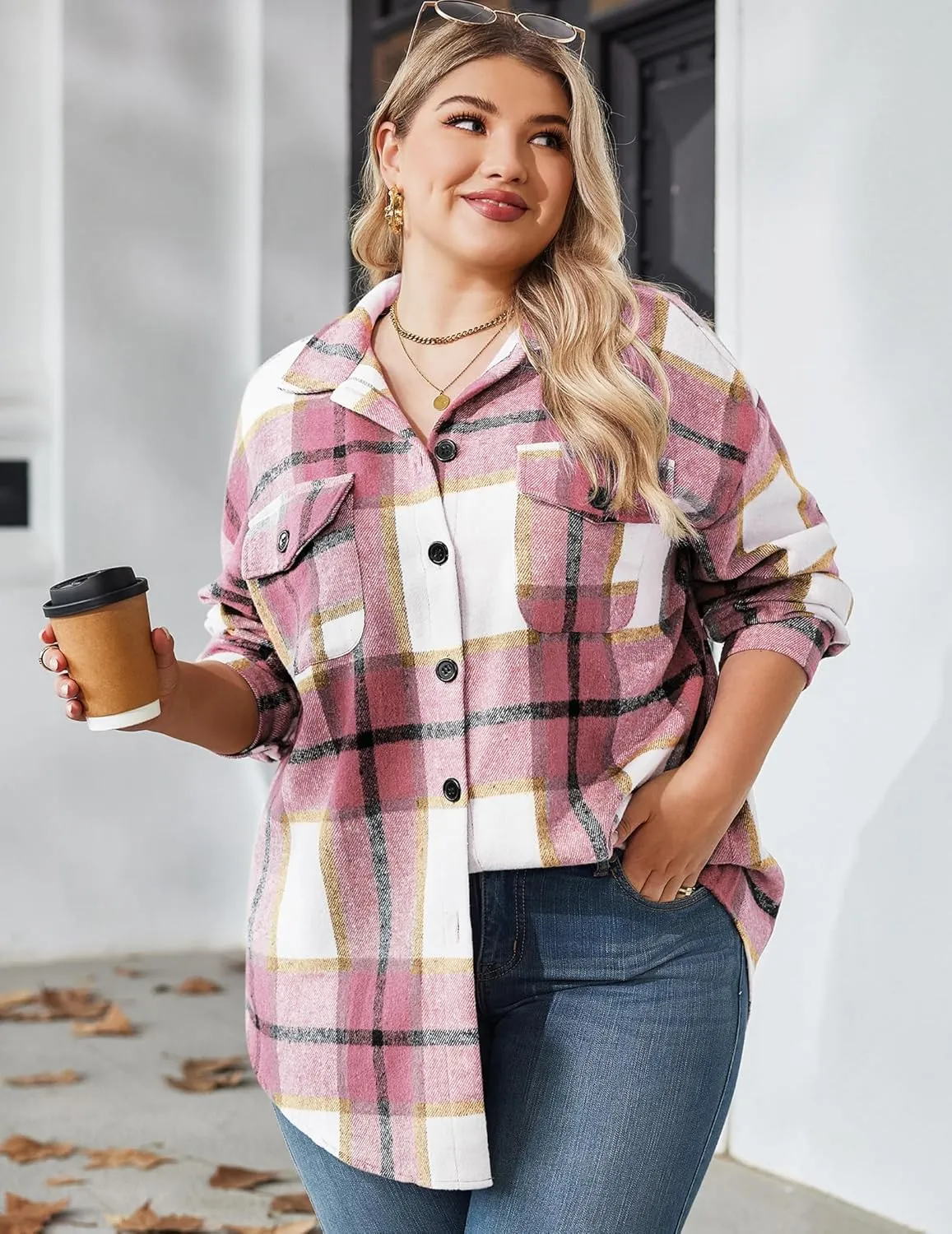 Zeagoo Women's Plus Size Flannel Plaid Shacket Button Down Color Block Shirts Tops Long Sleeve Casual Fall Jacket Coat